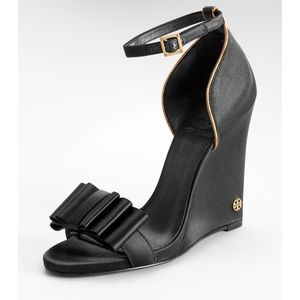 Tory Burch Cicely Satin Bow Ankle Strap Wedges